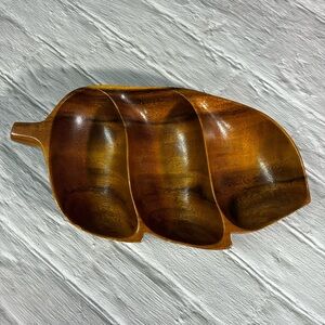Vintage Hand Carved Monkey Pod Wood Divided Bowl Three Sections Nut Tray Dish